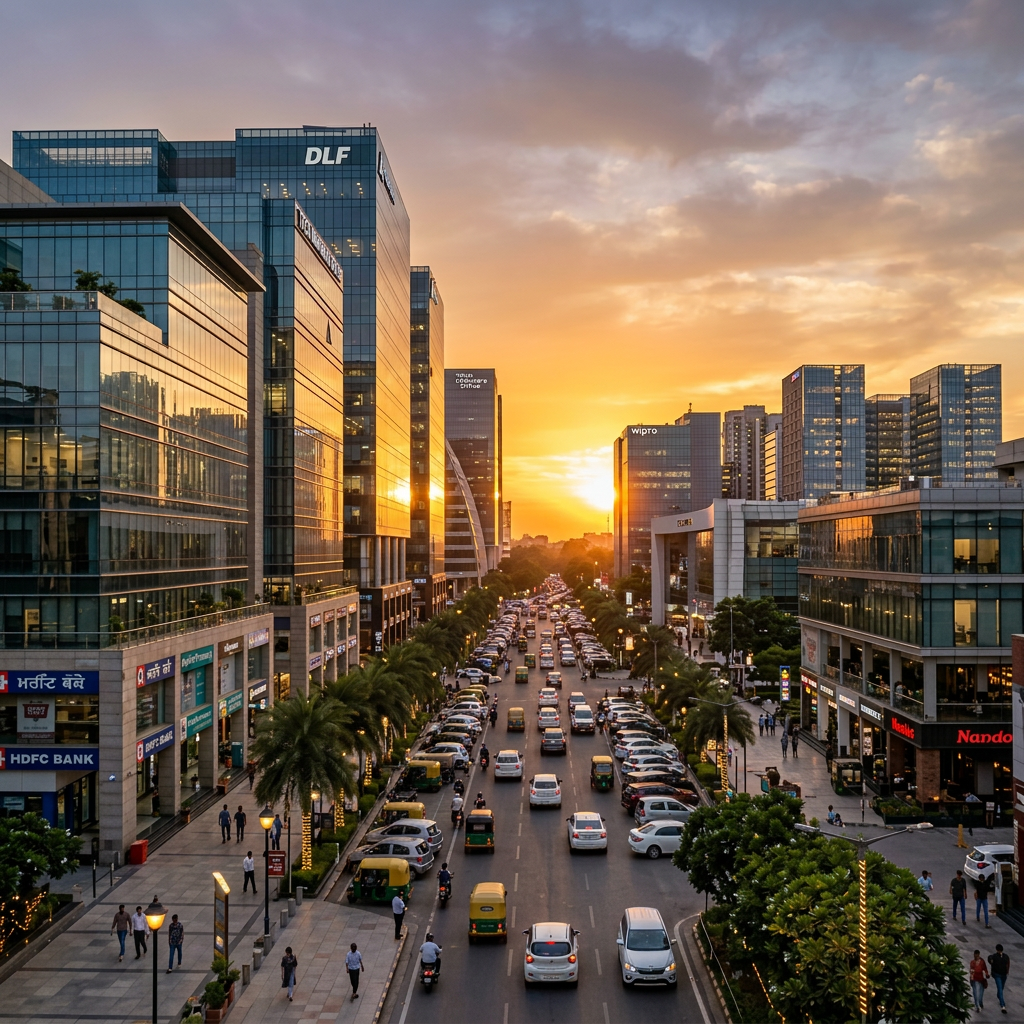 Busy urban street with cars, motorcycles, and pedestrians among glass office buildings during sunset